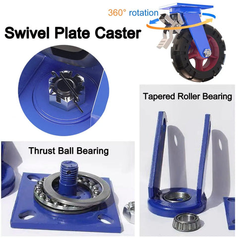 Heavy Duty Swivel Casters With Brakes Four Pack showing thrust ball bearing and tapered roller bearing for durability.