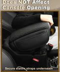 Armrest Cover For Jeep Wrangler JL Center Console Pad With Organizer Pockets Black Faux Leather Arm Rest Lid Cushion For 2018 To 2026 JL And Gladiator JT shown in vehicle, highlighting secure fit.