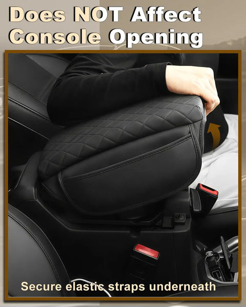 Armrest Cover For Jeep Wrangler JL Center Console Pad With Organizer Pockets Black Faux Leather Arm Rest Lid Cushion For 2018 To 2026 JL And Gladiator JT shown in vehicle, highlighting secure fit.