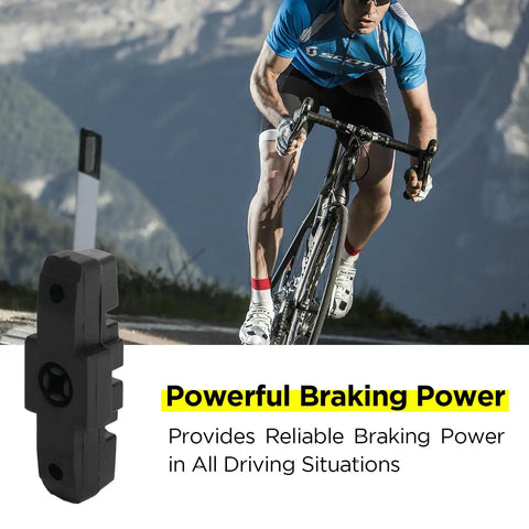 Two Pairs Bicycle Brake Pads Replacement For HS11 HS22 HS24 HS33, close-up of pad and cyclist demonstrating braking power
