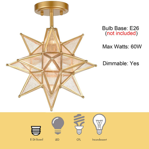 Brushed Gold Moravian Star Ceiling Light With Seeded Glass Semi Flush Mount For Foyer And Hallway Dope Modern Metal Fixture