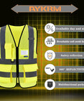 High Visibility Mesh Safety Vest With Pockets And Zipper, Reflective Hi Vis Vest, Yellow Mesh, Size Large