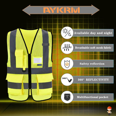 High Visibility Mesh Safety Vest With Pockets And Zipper, Reflective Hi Vis Vest, Yellow Mesh, Size Large