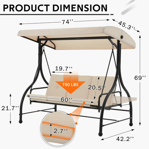 Dimensions of 3-Seater Outdoor Porch Swing With Adjustable Backrest And Canopy, 2-In-1 Convertible Patio Swing To Daybed.