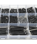 Heavy Duty M4 Hex Socket Head Cap Screw Assortment Kit, 720 Piece Set With Flat Washers, organized compartment with black screws and nuts.