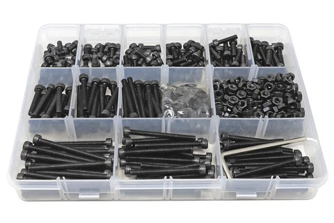 Heavy Duty M4 Hex Socket Head Cap Screw Assortment Kit, 720 Piece Set With Flat Washers, organized compartment with black screws and nuts.