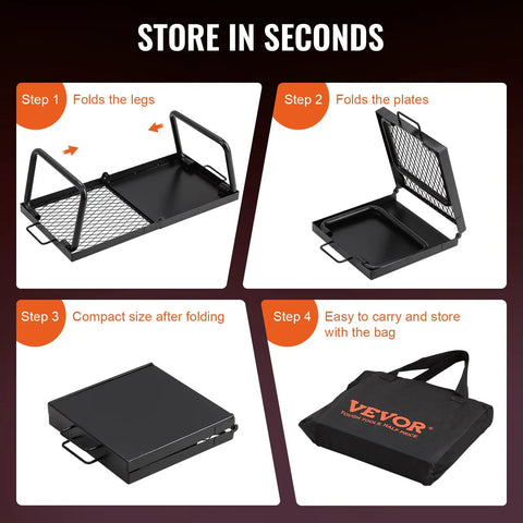 Foldable Campfire Grill With Legs Heavy Duty Steel Mesh Grate 22.4 Inch Portable Open Flame Grilling Rack folding steps