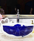 Top Shelf Hand Painted Ceramic Vessel Sink Round Bathroom Basin Vintage Style Vanity Bowl Above Counter Washbasin with blue design.