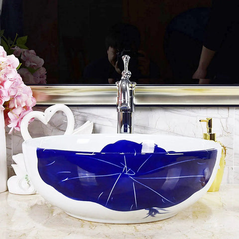 Top Shelf Hand Painted Ceramic Vessel Sink Round Bathroom Basin Vintage Style Vanity Bowl Above Counter Washbasin with blue design.