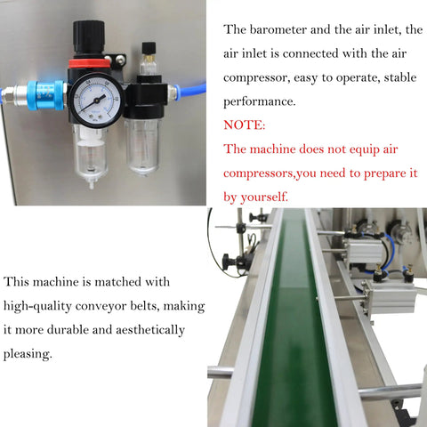 Automatic Liquid Filling Machine With Magnetic Pump And Four Eight Millimeter Nozzles Handles Five To One Thousand Milliliter Bottles On A Fifty Six Inch Conveyor Belt showing air inlet and barometer.