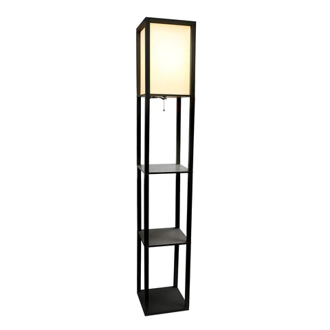 Black 62.5 Inch Modern Etagere Floor Lamp With Three Shelves For Storage And Display Space Saving Design Linen Shade Pull Chain On Off Soft Warm Glow