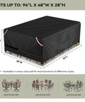 Waterproof Patio Table Cover 96x48 Inches Heavy Duty 600D Rectangular Outdoor Table Protector With Windproof Fit Stays Put In Wind Design And Secure Lock System Black covering patio furniture with dimensions labeled 96x48x28 inches.