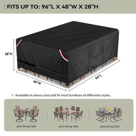 Waterproof Patio Table Cover 96x48 Inches Heavy Duty 600D Rectangular Outdoor Table Protector With Windproof Fit Stays Put In Wind Design And Secure Lock System Black covering patio furniture with dimensions labeled 96x48x28 inches.