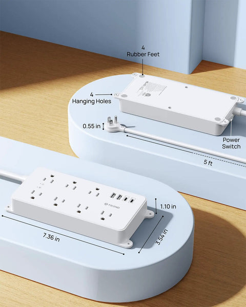 Beefed Up Surge Protector Power Strip With 7 Widely Spaced Outlets 2 USB A And 2 USB C Ports Wall Mountable 5ft 14AWG design view