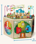 Totally Kid Approved Seven Sided Wooden Activity Cube Featuring Interactive Bead Maze Shape Sorter And Mini Railroad Track with vibrant colors and engaging details.