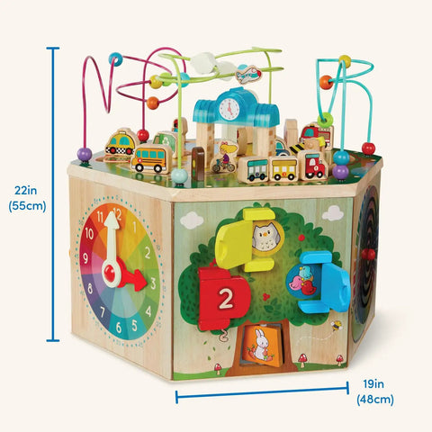 Totally Kid Approved Seven Sided Wooden Activity Cube Featuring Interactive Bead Maze Shape Sorter And Mini Railroad Track with vibrant colors and engaging details.
