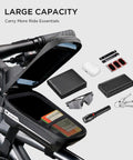 Waterproof Bike Frame Bag with 3D EVA hard shell open displaying capacity for phone, gadgets, and essentials with bike attachment.