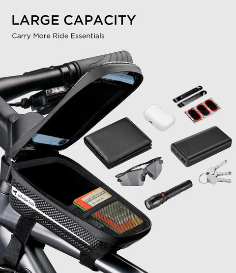 Waterproof Bike Frame Bag with 3D EVA hard shell open displaying capacity for phone, gadgets, and essentials with bike attachment.