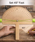 Heavy Duty Angle Finder Ruler And Protractor Tool For No Sweat Woodworking Layouts with 45° angle marking on wooden surface.