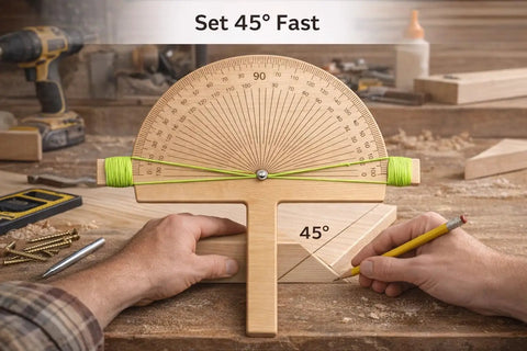 Heavy Duty Angle Finder Ruler And Protractor Tool For No Sweat Woodworking Layouts with 45° angle marking on wooden surface.