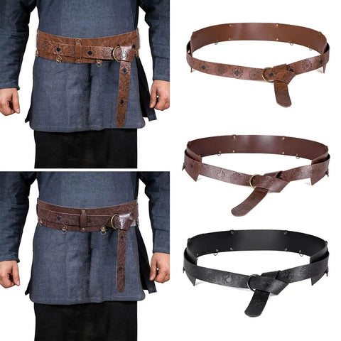 Snag This Premium Vintage Embossed Waist Belt Adjustable Faux Leather Cinch Strap for Medieval Festival Costumes, shown in brown and black.