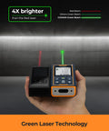 Green Beam Laser Measuring Tool With 393 Feet Outdoor Range, A Real Handy Tool For Quick Readings, Accurate To One Sixteenth Inch, Bright 4x Green Laser, Durable Handheld Tape Measure For Roofs, Decks, Landscaping And Renovations. green laser distance meter in hand showing red and green beams