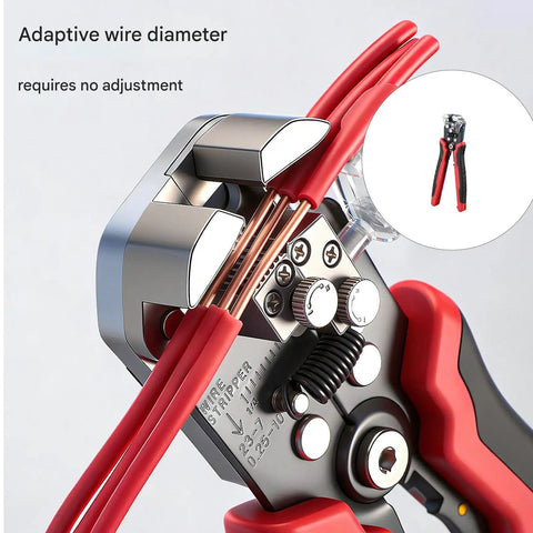 Close-up of All In One Wire Stripper And Cutter for electricians showing adaptive wire diameter feature without adjustment.
