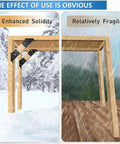 Beefed Up Heavy Duty 45 Degree Arc Wood Post And Beam Angle Brackets Kit showing enhanced solidity in snowy weather on left, fragility on right