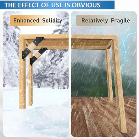 Beefed Up Heavy Duty 45 Degree Arc Wood Post And Beam Angle Brackets Kit showing enhanced solidity in snowy weather on left, fragility on right