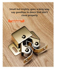 Easy Install Cabinet Door Hardware Kit For Storage Cabinets With Push Open Action Snap Closures Lock Fasteners And Integrated Mounting Hardware For Quick No Fuss Cabinet Makeover, brass latch on wood surface