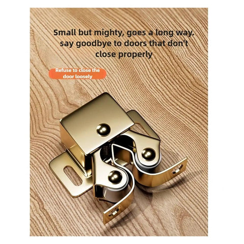 Easy Install Cabinet Door Hardware Kit For Storage Cabinets With Push Open Action Snap Closures Lock Fasteners And Integrated Mounting Hardware For Quick No Fuss Cabinet Makeover, brass latch on wood surface