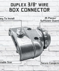 Heavy Duty Metal Conduit Connectors 5 Pack Double Outlet Wire Harness Clamps 3/8 Inch Cables showing duplex box connector installed.