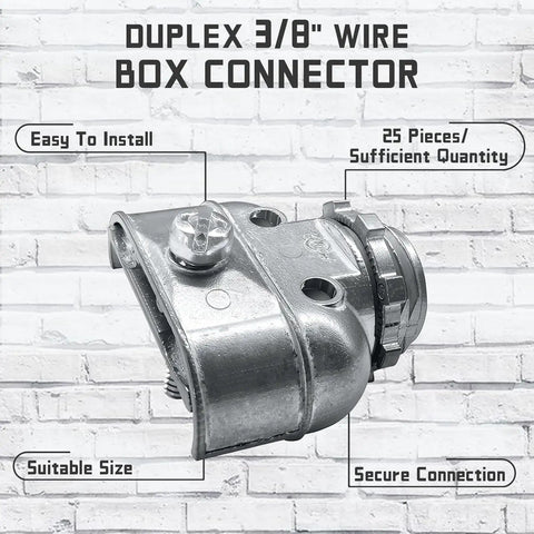 Heavy Duty Metal Conduit Connectors 5 Pack Double Outlet Wire Harness Clamps 3/8 Inch Cables showing duplex box connector installed.