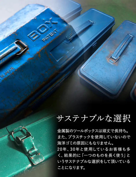 Durable Steel Angle Tool Box With Narrow Profile In Blue showing rust-resistant handle and box details in workshop setting.