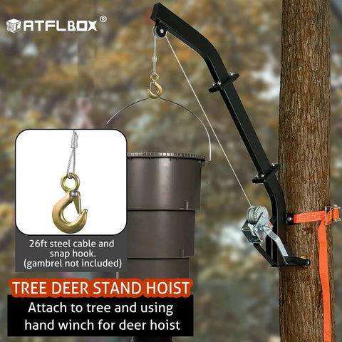 Beefy Tree Mounted Game Hoist With Winch And Ratchet Strap 500 Lbs Capacity Heavy Duty Deer Hanging System 26 Ft Steel Cable For Skinning And Field Dressing Quick Field Setup For Hunters, tree-mounted hoist with 26 ft steel cable and snap hook
