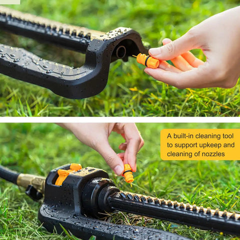Hands adjusting Oscillating Lawn Sprinkler For Yard And Garden With 19 Precision Nozzles Delivers Targeted Watering Across Up To 3,600 Sq Ft Adjustable Range