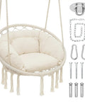 Hanging Hammock Chair With Cozy Full Cushion For Indoor Outdoor Relaxation, White Macrame Swing Chair Supports Up To 350 Lbs with hardware
