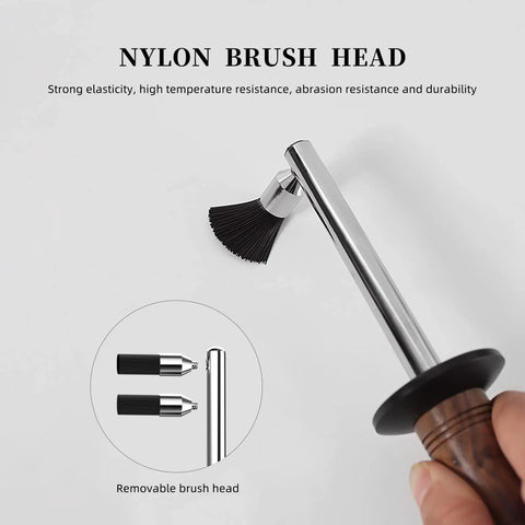 Pro Grade High Pressure Steam Coffee Brush For Espresso Machines With Anti Scalding Handle And Dual Brush Heads shown with nylon brush head.