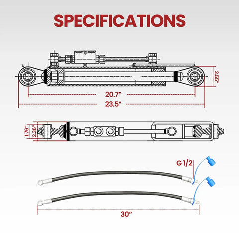 Beefy Heavy Duty Cat 1 1 Hydraulic Top Link With Locking Block Cylinder And Dual Hoses For Tractors specification diagram