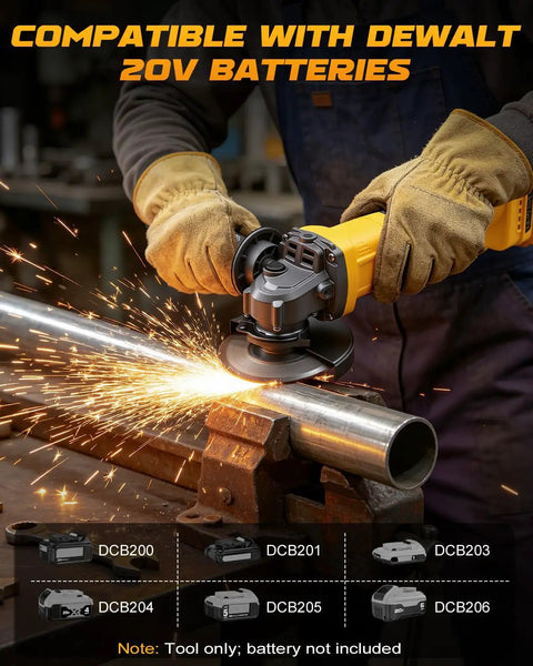 Heavy Duty Cordless Angle Grinder 4.5 Inch With Slick Brushless Motor Cranking 9300 RPM cutting steel pipe with sparks flying.