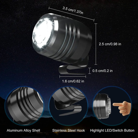 Clip On LED Shoe Lights For Clogs And Sandals Rechargeable With 3 Modes featuring dimensions and aluminum alloy shell details.