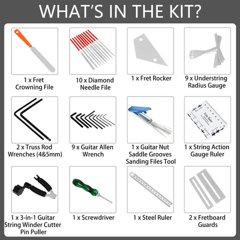 All In One Guitar Setup Tool Kit With Carry Bag For Bass Ukulele Banjo Pro Grade Fret Crowning File Fret Rocker tool set layout