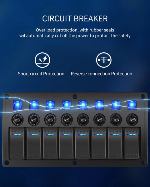 8 Gang Waterproof Rocker Switch Panel With Blue LED Lights Heavy Duty Prewired 12V 24V On Off Switches For Marine Boat Automotive Car RV Truck Jeep UTV And Other Vehicles