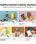 Cutting Machine 2 By HTVRONT 5 In 1 Vinyl Cutter showing multifunctional uses for cards and crafts on a display board