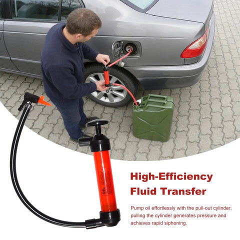 Rock Solid Car Siphon Pump And Fluid Transfer Kit Extracts Gasoline And Oil Dead Simple With Heavy Duty PVC Hose in use with car.