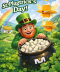 Leprechaun in green hat with pot of marshmallows, rainbow in background, celebrating "Happy St.Plugtrick's Day" with plug symbols.