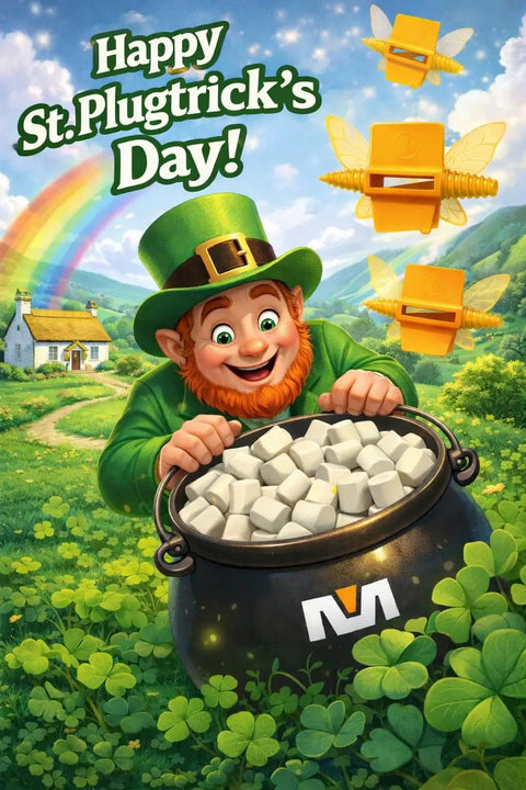 Leprechaun in green hat with pot of marshmallows, rainbow in background, celebrating "Happy St.Plugtrick's Day" with plug symbols.