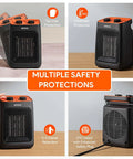 Collage of Portable Space Heater With Thermostat, 1500W PTC Ceramic Indoor Heater For Home Or Office, showing safety features