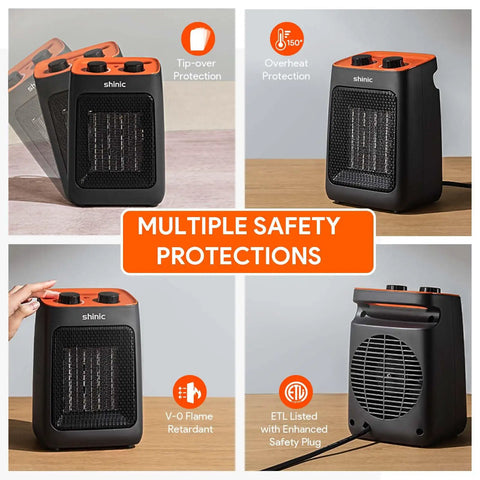 Collage of Portable Space Heater With Thermostat, 1500W PTC Ceramic Indoor Heater For Home Or Office, showing safety features