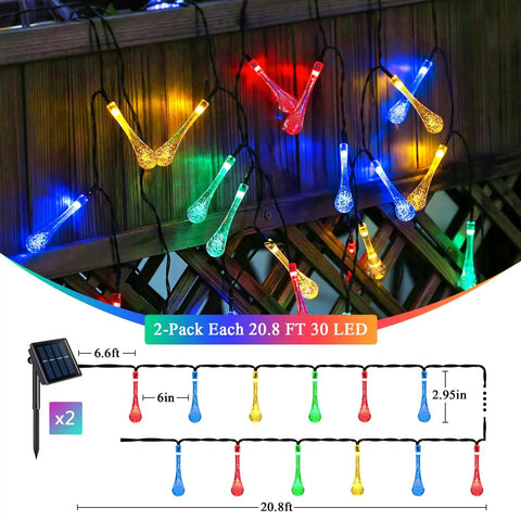 Water Drop Solar String Lights 2 Pack Outdoor Waterproof 41.6Ft Total Length 60 LED Teardrop Water Drop Lights Multicolor on fence